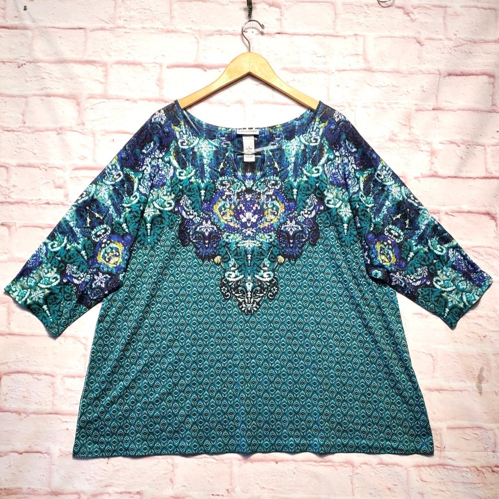Catherines Shirt Womens 1X Blue Green Embellished Boho Chic Artsy Top